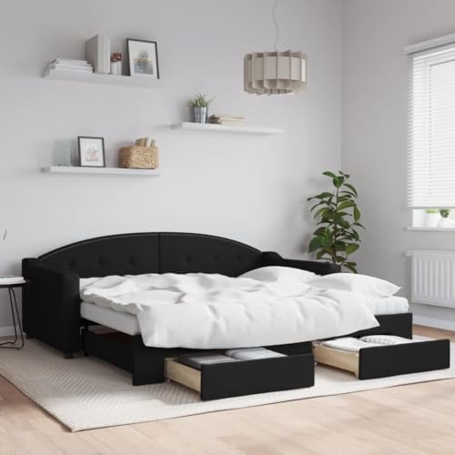 Brokky Tagesbett Ausziehbar mit Schubladen Bett Mit Stauraum Tagesbett Bett Mit Schubladen Schubladenbett Schwarz 90x190 cm Stoff / 3197596 von Brokky