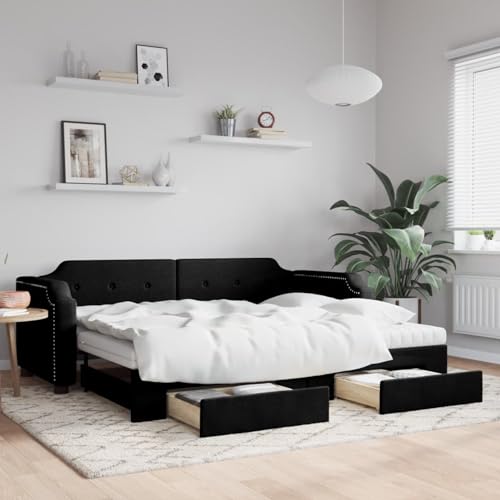 Brokky Tagesbett Ausziehbar mit Schubladen Bett Mit Stauraum Tagesbett Bett Mit Schubladen Schubladenbett Schwarz 90x190 cm Stoff / 3197700 von Brokky