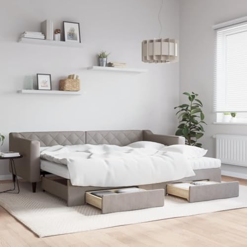 Brokky Tagesbett Ausziehbar mit Schubladen Bett Mit Stauraum Tagesbett Bett Mit Schubladen Schubladenbett Taupe 90x200 cm Stoff / 3197483 von Brokky