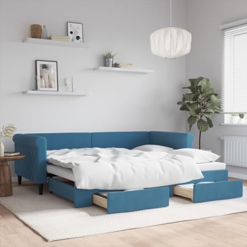 Brokky Tagesbett Ausziehbar mit Schubladen Blau 90x200 cm Tagesbett Ausziehbar Bett Mit Stauraum Bett Zum Ausziehen Bett Mit Schubladen Samt / 3197818 von Brokky