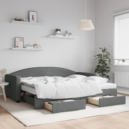 Brokky Tagesbett Ausziehbar mit Schubladen Dunkelgrau 90x200 cm Tagesbett Ausziehbar Bett Mit Stauraum Bett Zum Ausziehen Bett Mit Schubladen Stoff / 3197243 von Brokky