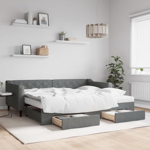 Brokky Tagesbett Ausziehbar mit Schubladen Dunkelgrau 90x200 cm Tagesbett Ausziehbar Bett Mit Stauraum Bett Zum Ausziehen Bett Mit Schubladen Stoff / 3197481 von Brokky