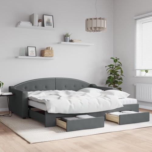 Brokky Tagesbett Ausziehbar mit Schubladen Dunkelgrau 90x200 cm Tagesbett Ausziehbar Bett Mit Stauraum Bett Zum Ausziehen Bett Mit Schubladen Stoff / 3197585 von Brokky