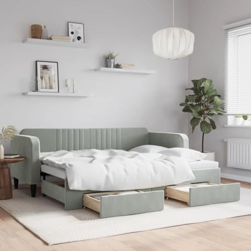Brokky Tagesbett Ausziehbar mit Schubladen Hellgrau 80x200 cm Tagesbett Ausziehbar Bett Mit Stauraum Bett Zum Ausziehen Bett Mit Schubladen Samt / 3197104 von Brokky