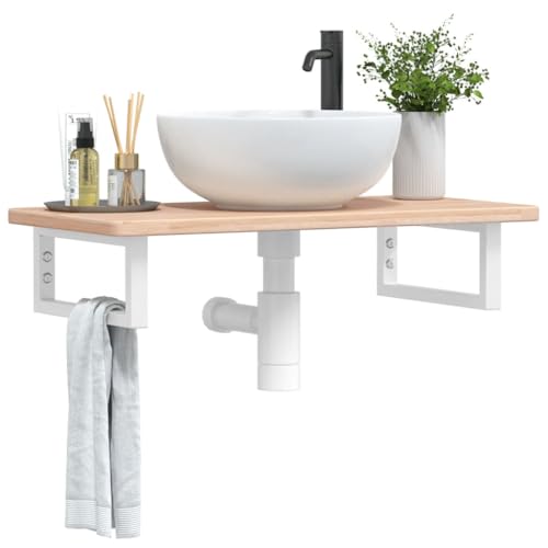 Brokky Waschtischplatte mit Halterung Waschtischhalterung Waschtischplatte Waschtisch Halterung Stahl und Massivholz Eiche / 3302328 von Brokky