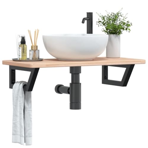 Brokky Waschtischplatte mit Halterung Waschtischhalterung Waschtischplatte Waschtisch Halterung Stahl und Massivholz Eiche / 3302331 von Brokky