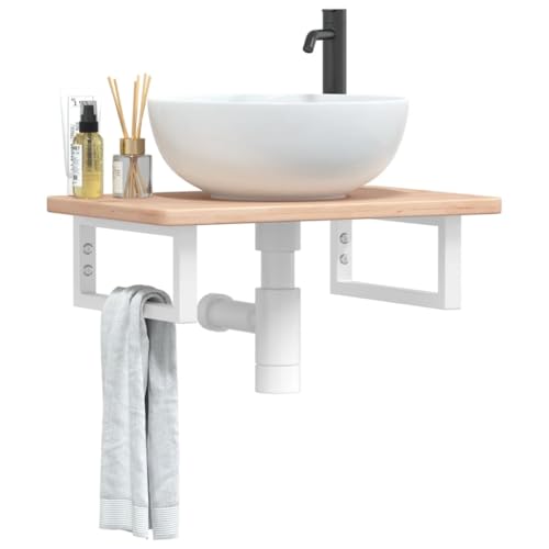 Brokky Waschtischplatte mit Halterung Waschtischhalterung Waschtischplatte Waschtisch Halterung Stahl und Massivholz Eiche / 3302332 von Brokky