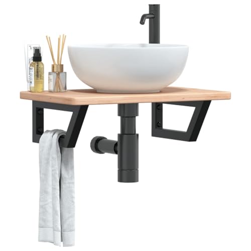 Brokky Waschtischplatte mit Halterung Waschtischhalterung Waschtischplatte Waschtisch Halterung Stahl und Massivholz Eiche / 3302335 von Brokky