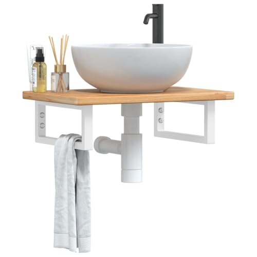 Brokky Waschtischplatte mit Halterung Waschtischhalterung Waschtischplatte Waschtisch Halterung Stahl und Massivholz Eiche / 3302340 von Brokky