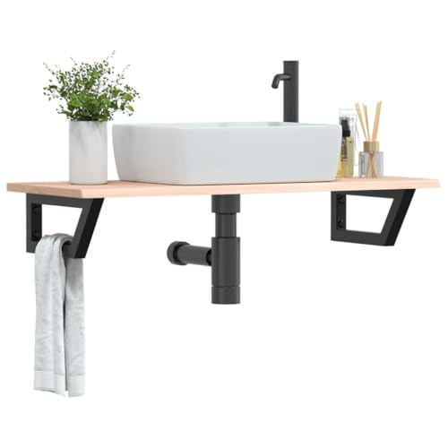 Brokky Waschtischplatte mit Halterung Waschtischhalterung Waschtischplatte Waschtisch Halterung Stahl und Massivholz Eiche / 3302551 von Brokky
