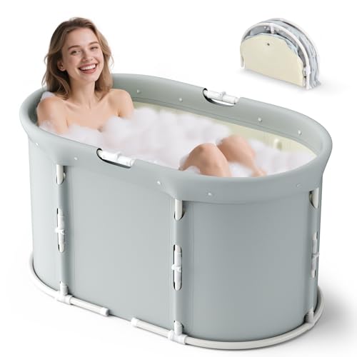 Faltbare Badewanne für Dusche, 92L x57W x 56H cm, freistehende Badewanne mit Sitz, Warmwasserdusche, Eisbad, Sauna, Massagewanne, tragbares Eisbad für Erwachsene (Grau weiß, Oval– mittel) von Brolteja