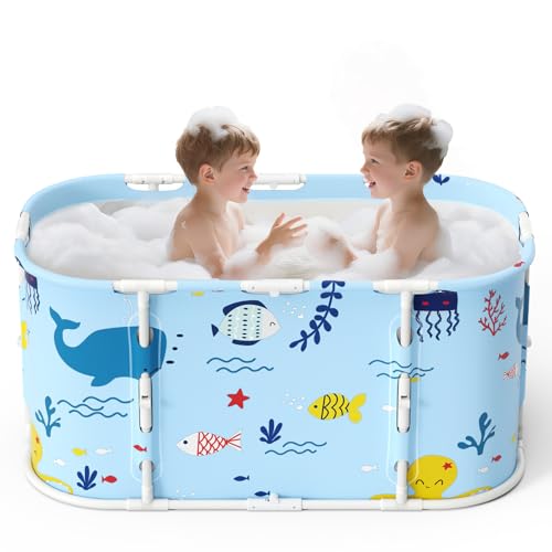 Faltbare Badewanne für Dusche, 92L x57W x 56H cm, freistehende Badewanne mit Sitz, Warmwasserdusche, Eisbad, Sauna, Massagewanne, tragbares Eisbad für Erwachsene (hellblau Ozean-Stil) von Brolteja
