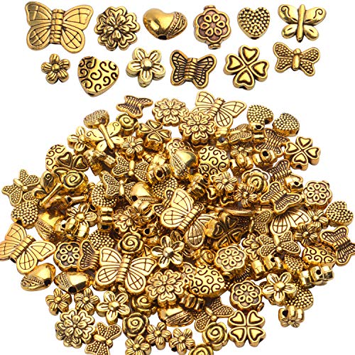 BronaGrand 100 Gramm (ca. 130–170 Stück), antike Goldlegierung, Herz, Schmetterling, Blumen, Charm-Perlen, Abstandshalter, Schmuckzubehör, Zubehör für Armbänder, Halsketten, Schmuckherstellung von BronaGrand