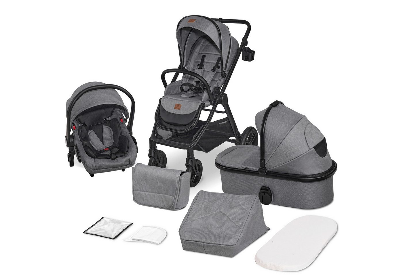 Bronea Kombi-Kinderwagen ELEGANCE 3-Tlg Kombi-Kinderwagen - Babywanne, Buggy & Auto-Babyschale, (Große Räder - leicht klappbar - verstellbare Fahrtrichtung - 0-22kg), Komplettset mit Zubehör, faltbar, leicht & stylisch, Schwarz/Grau von Bronea