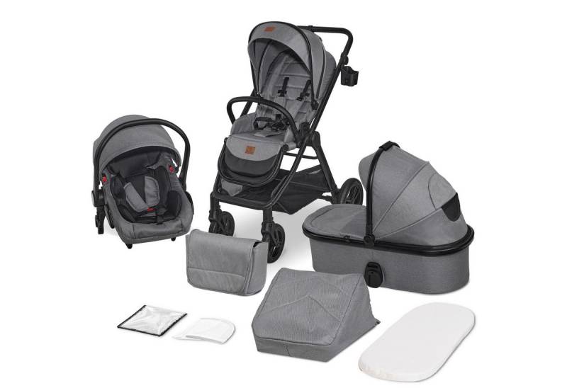 Bronea Kombi-Kinderwagen ELEGANCE 3-Tlg Kombi-Kinderwagen - Babywanne, Buggy & Auto-Babyschale, (Große Räder - leicht klappbar - verstellbare Fahrtrichtung - 0-22kg), Komplettset mit Zubehör, faltbar, leicht & stylisch, Schwarz/Grau von Bronea