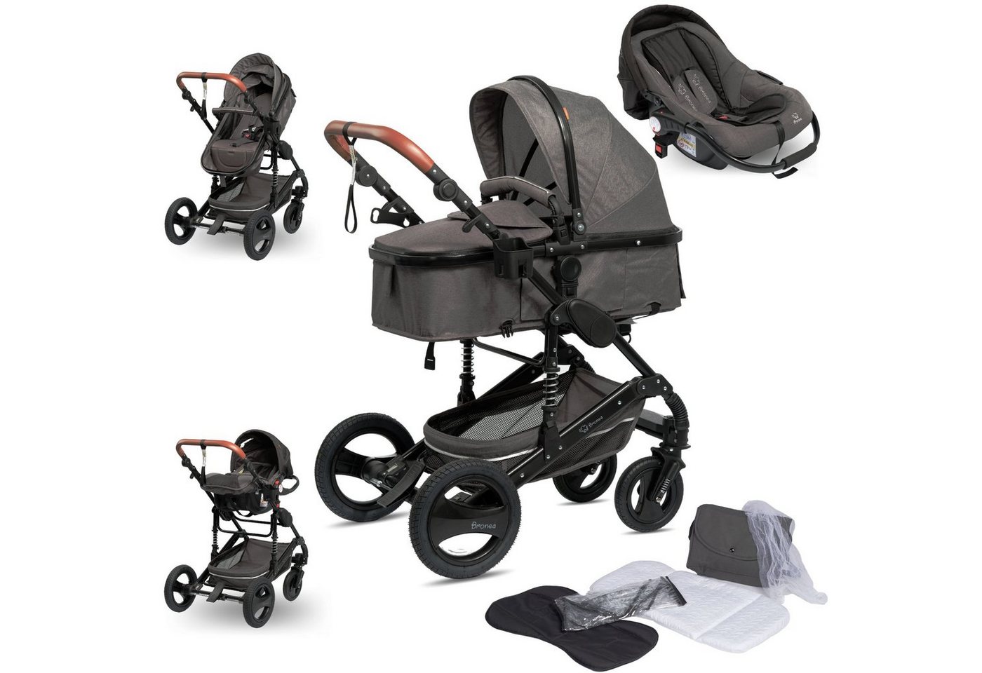 Bronea Kombi-Kinderwagen EXQUISE Kinderwagen 3in1 mit MATRATZE, BUGGY & AUTO-BABYSCHALE, FARBAUSWAHL, Gummi Reifen,Wickeltasche,Regen-, Mücken- & Sonnenschutz von Bronea