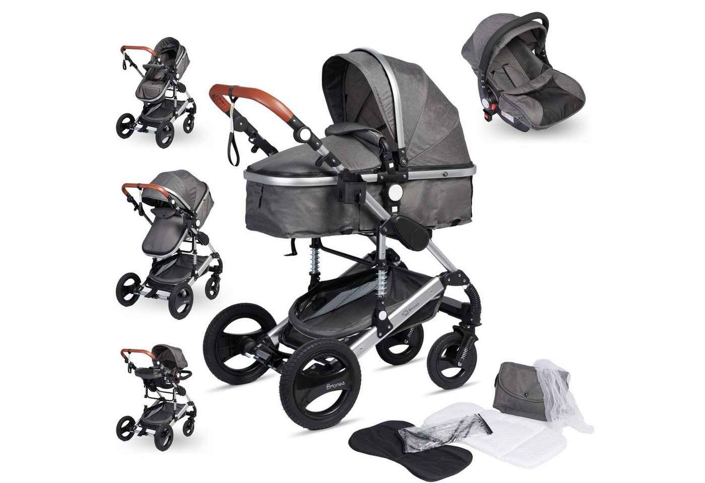 Bronea Kombi-Kinderwagen EXQUISE Kinderwagen 3in1 mit MATRATZE, BUGGY & AUTO-BABYSCHALE, Grey/Silver, Gummi Reifen,Wickeltasche,Regen-, Mücken- & Sonnenschutz von Bronea