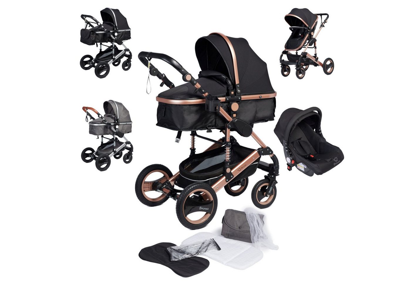 Bronea Kombi-Kinderwagen EXQUISE Kinderwagen 3in1 mit MATRATZE, BUGGY & AUTO-BABYSCHALE, Schwarz/Champ.,Gummi Reifen,Wickeltasche,Regen-,Mücken-& Sonnenschutz von Bronea