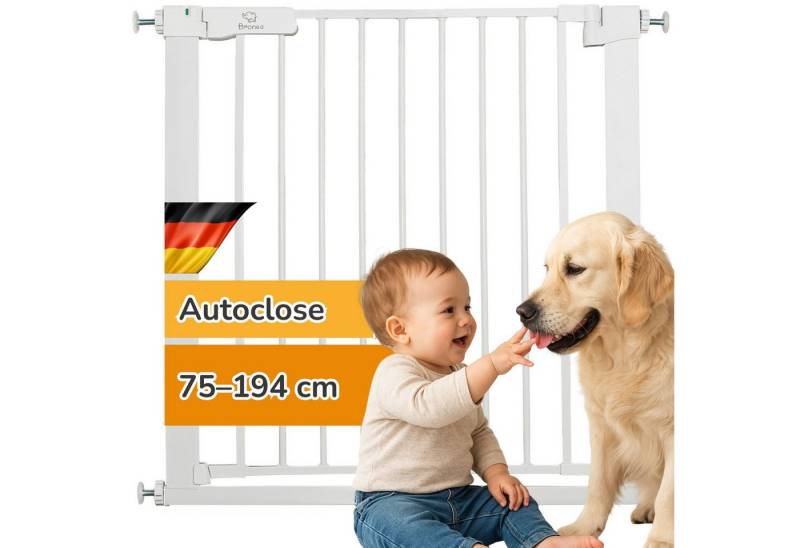 Bronea Treppenschutzgitter LUCA-M Treppengitter ohne Bohren Treppenschutzgitter Türgitter (zum Klemmen, 75-194 cm verlängerbar), 3-faches Schloss & Rot-Grün Sicherheitssystem, Auto-Close, 90° Stopp von Bronea