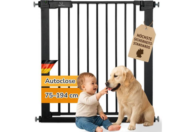 Bronea Treppenschutzgitter LUCA-M Treppengitter ohne Bohren Treppenschutzgitter Türgitter (zum Klemmen, 75-194 cm verlängerbar), 3-faches Schloss & Rot-Grün Sicherheitssystem, Auto-Close, 90° Stopp von Bronea