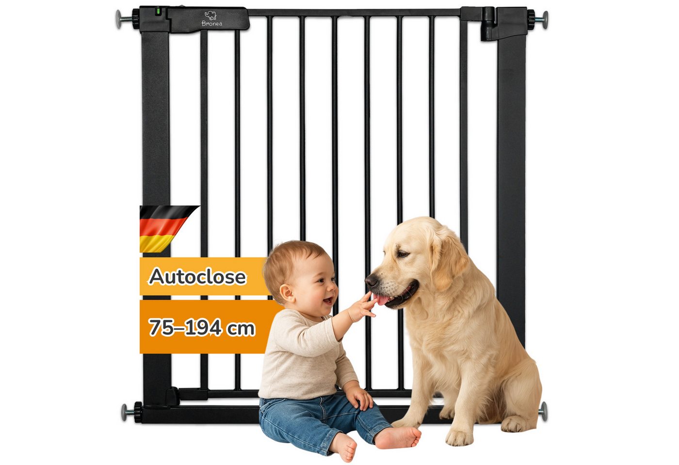 Bronea Treppenschutzgitter LUCA-M Treppengitter ohne Bohren Treppenschutzgitter Türgitter (zum Klemmen, 75-194 cm verlängerbar), 3-faches Schloss & Rot-Grün Sicherheitssystem, Auto-Close, 90° Stopp von Bronea