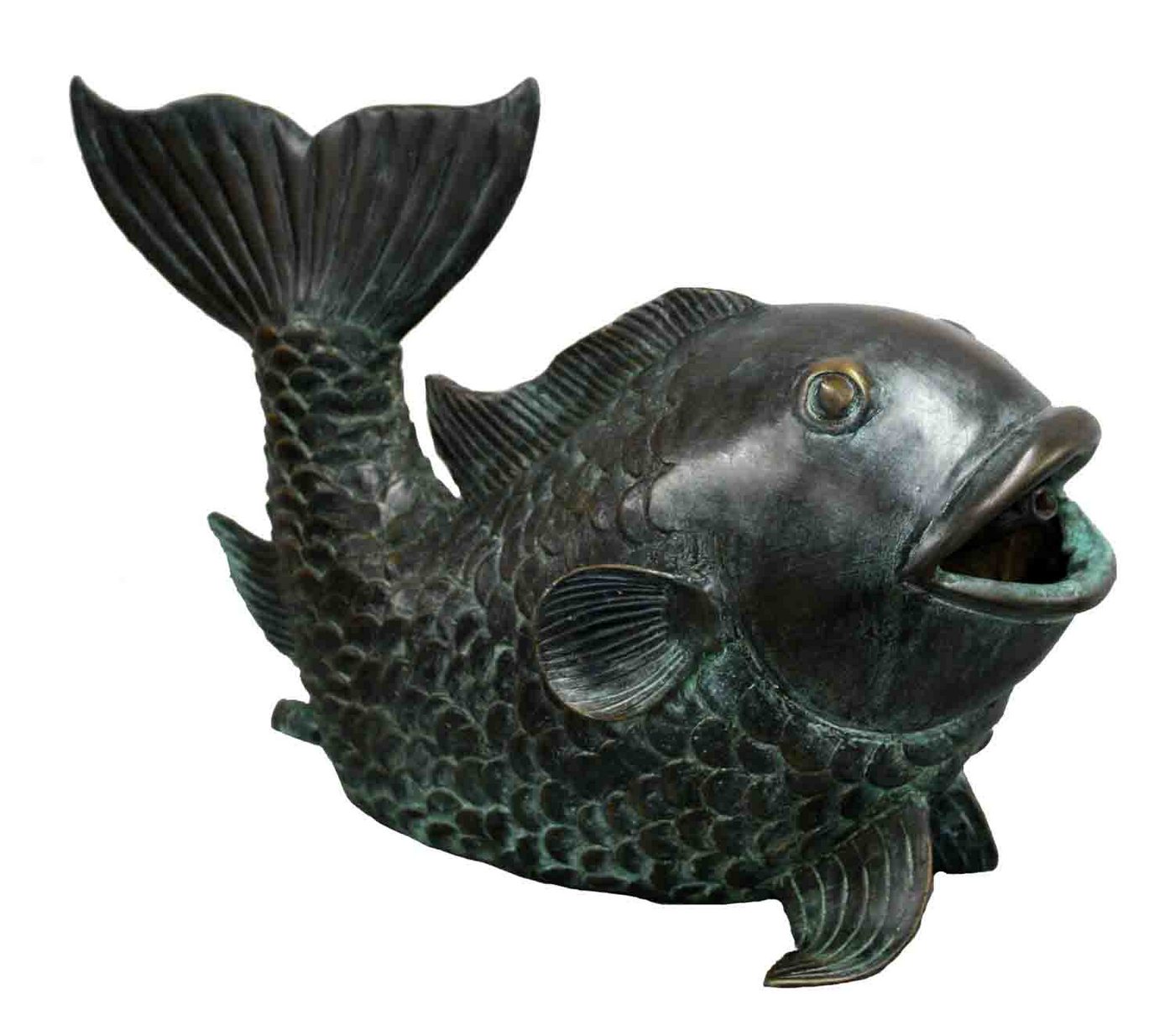 Bronzeskulpturen Skulptur Bronzefigur großer Fisch mit Wasserspeier dunkelgrün von Bronzeskulpturen