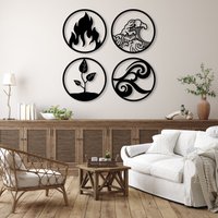 Vier Elemente Metall Wandkunst, Natur 4 Symbol Wanddekoration, Überbettdekoration, Boho Wohndekoration, Yoga Wandbehang, Geschenk Zur von BrosWallArtDecors