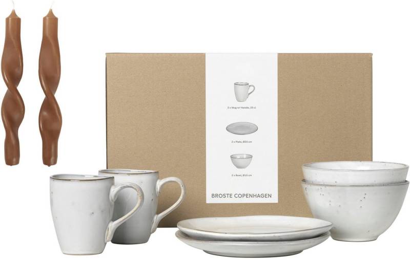 Broste Copenhagen Frühstücks-Geschirrset Nordic Sand, inklusive 1 Packung Twist Kerzen (7-tlg), 2 Personen, Keramik, Beliebte Geschirr Sets Exclusiv mit Geschenk von Broste Copenhagen