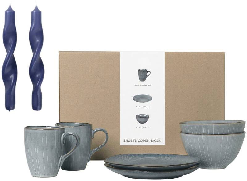 Broste Copenhagen Frühstücks-Geschirrset Nordic Sea, inklusive 1 Packung Twist Kerzen (7-tlg), 2 Personen, Keramik, Beliebte Geschirr Sets Exclusiv mit Geschenk von Broste Copenhagen