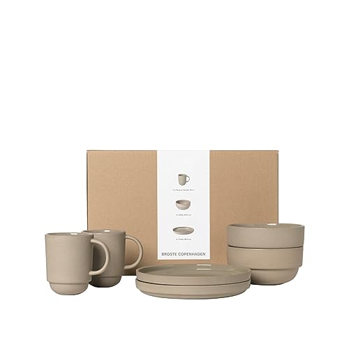Broste Copenhagen Nordic Bistro Frühstücksset für Zwei Personen 6-teiliges Set aus handgefertigtem Steinzeug in Sandfarbe, 80019830 von Broste