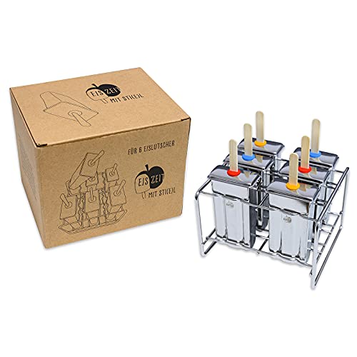 Brotzeit 6er Set Edelstahl Eisform eckig mit Ständer und Bambussticks Eisstiehlform Eisstiel Form von Brotzeit