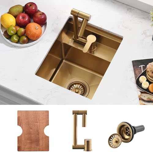 Brovy RV-Küchenspüle, Gold, 30,5 x 38,1 cm, Unterbauspüle, Edelstahl, Einzelbecken, Küchenspüle, Arbeitsplatz mit Wasserhahn-Kombination von Brovy