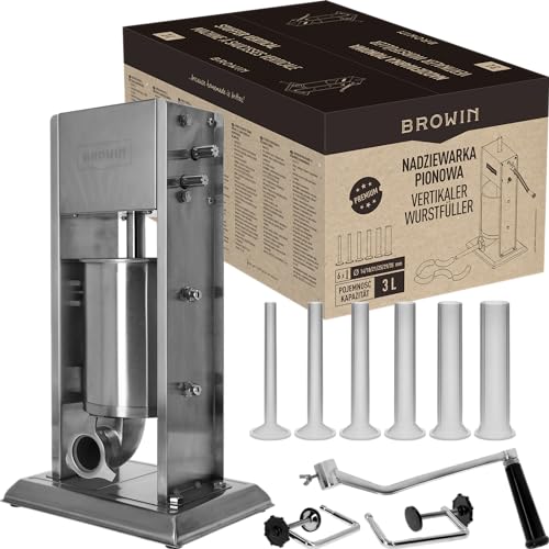 BROWIN® Manuell Wurstfüller aus Edelstahl 311036 | 3 Liter vertikale Wurstmaschine mit Tischklemme | Wurstfüllmaschine | Wurstpresse | Machine für hausgemachte Wurst | inkl. 6 Füllrohren von Browin