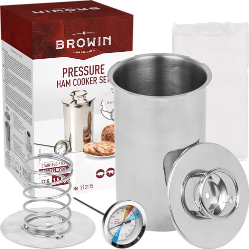 BROWIN Rostfreier Schinkenkocher Edelstahl | Schinkernpresse Set mit Thermometer und Beutel | Schinkenform Kochschinkenform für gesundes hausgemachtes Fleisch Presse von Browin