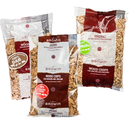 Browin® Räucherchips 3er Set 780820 | Räucherholz aus Kirsche (450 g, 9-12 mm), Apfelbaum (450 g, 6-8 mm), Eiche (600 g, 6-8 mm) | Räucherspäne zum Räuchern und Grillen | für Smoker, Gasgrill, Grill von Browin