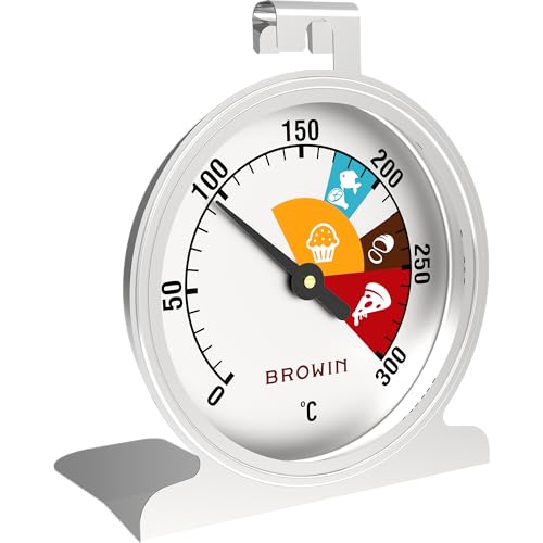 BROWIN® Analog Ofenthermometer aus Edelstahl 100502 | 0-300 °C Thermometer für Backofen | Backofenthermometer zum Hinstellen oder Aufhängen innen in den Ofen | Backofen-Thermometer von Browin