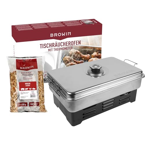 BROWIN® Edelstahl Tischräucher-Set mit Thermometer 330010 |inkl. Holzhackschnitzel | Tischräucherofen | Fisch & mehr Grillen und Räuchern | Camping-Zubehör BROWIN® Edelstahl Tischräucher-Set mit Thermometer 330010 |inkl. Holzhackschnitzel | Tischräucherofen | Fisch & mehr Grillen und Räuchern | Camping-Zubehör von Browin