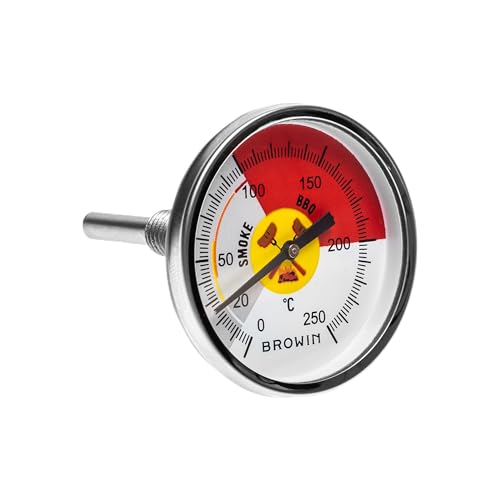 BROWIN® Analog Grillthermometer | Thermometer für Smoker und Grill | Deckelthermometer für BBQ und Räucherofen | Rauchgasthermometer aus Edelstahl (Analog Grillthermometer Ø 53 mm) von Browin