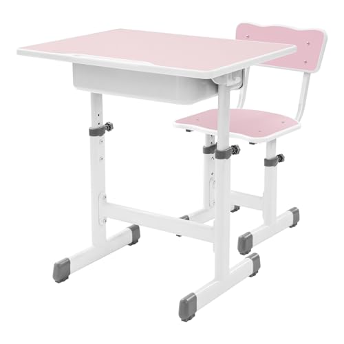 Brride Kinderschreibtisch und Stuhl Set Höhenverstellbar, Schülerschreibtisch mit Bücherständer, Einfach Jugendschreibtisch für Kinder ab 6 Jahren (Rosa) von Brride