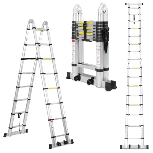 Brstheco 5 m (2,5+2,5) Zusammenklappbare Teleskopleiter mit Stabilisatoren. Mehrzweck-Klappleiter, Edelstahlleiter mit Doppelfunktion, maximale Tragkraft 150 kg. von Brstheco
