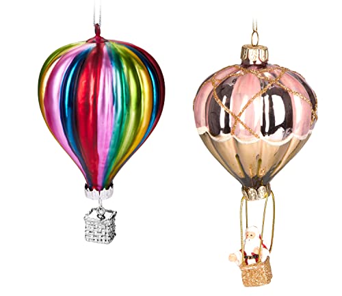 BRUBAKER 2 TLG. Baumkugel Set - Heißluftballon - Weihnachtsmann im Ballon und Bunte Ballonfahrt - Handbemalte Weihnachtskugeln Christbaumschmuck aus Glas Lustig - Deko Baumanhänger von BRUBAKER