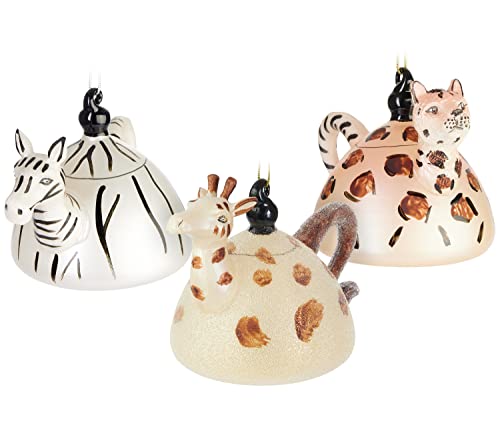 BRUBAKER 3 TLG. Weihnachtskugel Set - Safari Teekannen Set Giraffe Zebra Leopard - Mundgeblasene Christbaumkugeln für Afrika-Fans - Christbaumschmuck aus Glas Lustig - Deko Baumanhänger von BRUBAKER