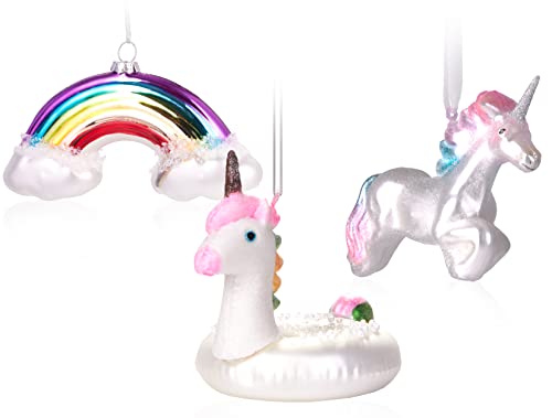 BRUBAKER 3-teiliges Baumkugel Set Einhörner - Handbemalte Weihnachtskugeln Einhorn, Schwimmring und Regenbogen - Mundgeblasener Christbaumschmuck aus Glas - Baumschmuck Lustig - Rosa Bunt von BRUBAKER