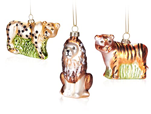 BRUBAKER 3-teiliges Baumkugel Set Raubkatzen Safari - Handbemalte Weihnachtskugeln Löwe, Leopard und Tiger - Mundgeblasener Christbaumschmuck aus Glas - Baumschmuck Lustig von BRUBAKER