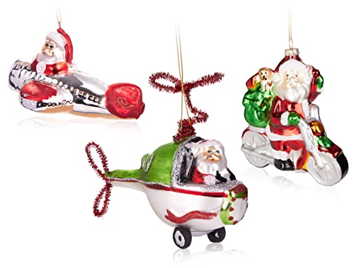 BRUBAKER 3-teiliges Baumkugel Set Weihnachtsmann auf Reisen - Handbemalte Weihnachtskugeln Santa mit Motorrad, Flugzeug und Helikopter - Mundgeblasener Christbaumschmuck aus Glas Baumschmuck Lustig von BRUBAKER