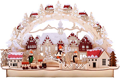 BRUBAKER 3D LED Lichterbogen Schwibbogen - Winterlandschaft mit Altstadt - LED Beleuchtung - Holz natur - 43,5 x 27 x 10,1 cm - Handbemalt von BRUBAKER