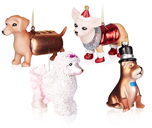 BRUBAKER 4-teiliges Baumkugel Set Lustige Hunde - Handbemalte Weihnachtskugeln Dackel Hot Dog, Hund mit Zylinder, Pudel und Chihuahua - Mundgeblasener Christbaumschmuck aus Glas - Baumschmuck Lustig von BRUBAKER