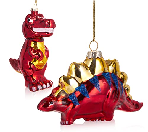 BRUBAKER Baumkugel Set Dinosaurier Rot - Handbemalte Weihnachtskugeln T-Rex und Stegosaurus - Mundgeblasener Christbaumschmuck aus Glas - Dino Baumschmuck Lustig - Baumanhänger 2 Stück von BRUBAKER