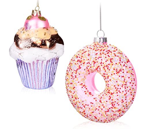 BRUBAKER Baumkugel Set Muffin & Donut - Handbemalte Weihnachtskugeln Süßes in Rosa Pink - Mundgeblasener Christbaumschmuck aus Glas - Sweets Baumschmuck Lustig - 2-teiliges Baumanhänger Set von BRUBAKER