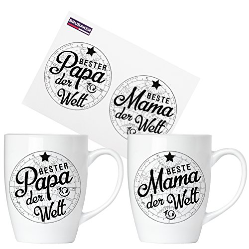 BRUBAKER Beste Mama & Bester Papa der Welt Tassen Set aus Keramik - 2 Kaffeebecher 300 ml - Kaffeetassen mit Grußkarte und Geschenkpackung von BRUBAKER